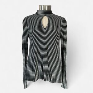 American Eagle Black White Striped Long Sleeve Mock Neck Top Keyhole Cutout XS